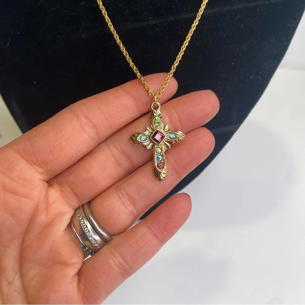 Premier Designs Dominique Gold Cross Necklace With Colored Crystals 18